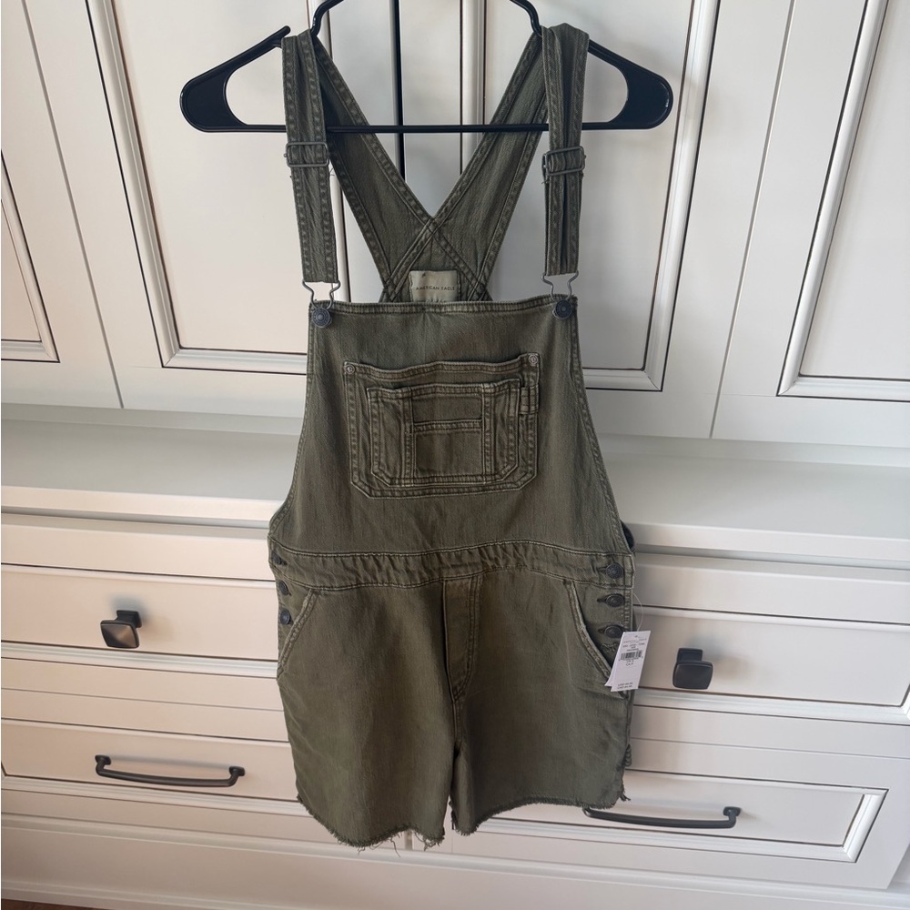 American Eagle Olive Green Short Denim Overalls